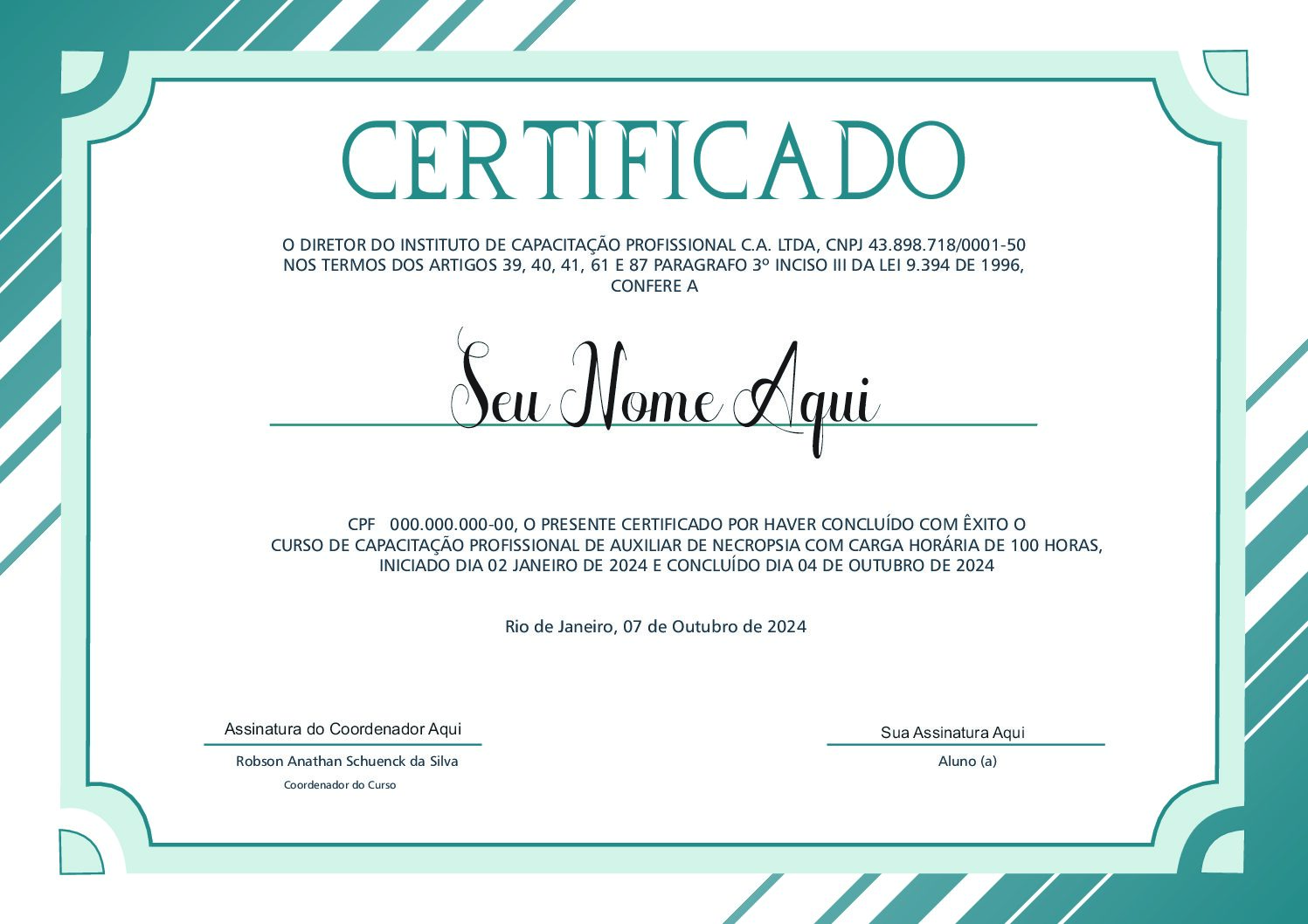 Modelo Curso de Auxiliar de Necropsia 100h Modelo do Certificado 2023